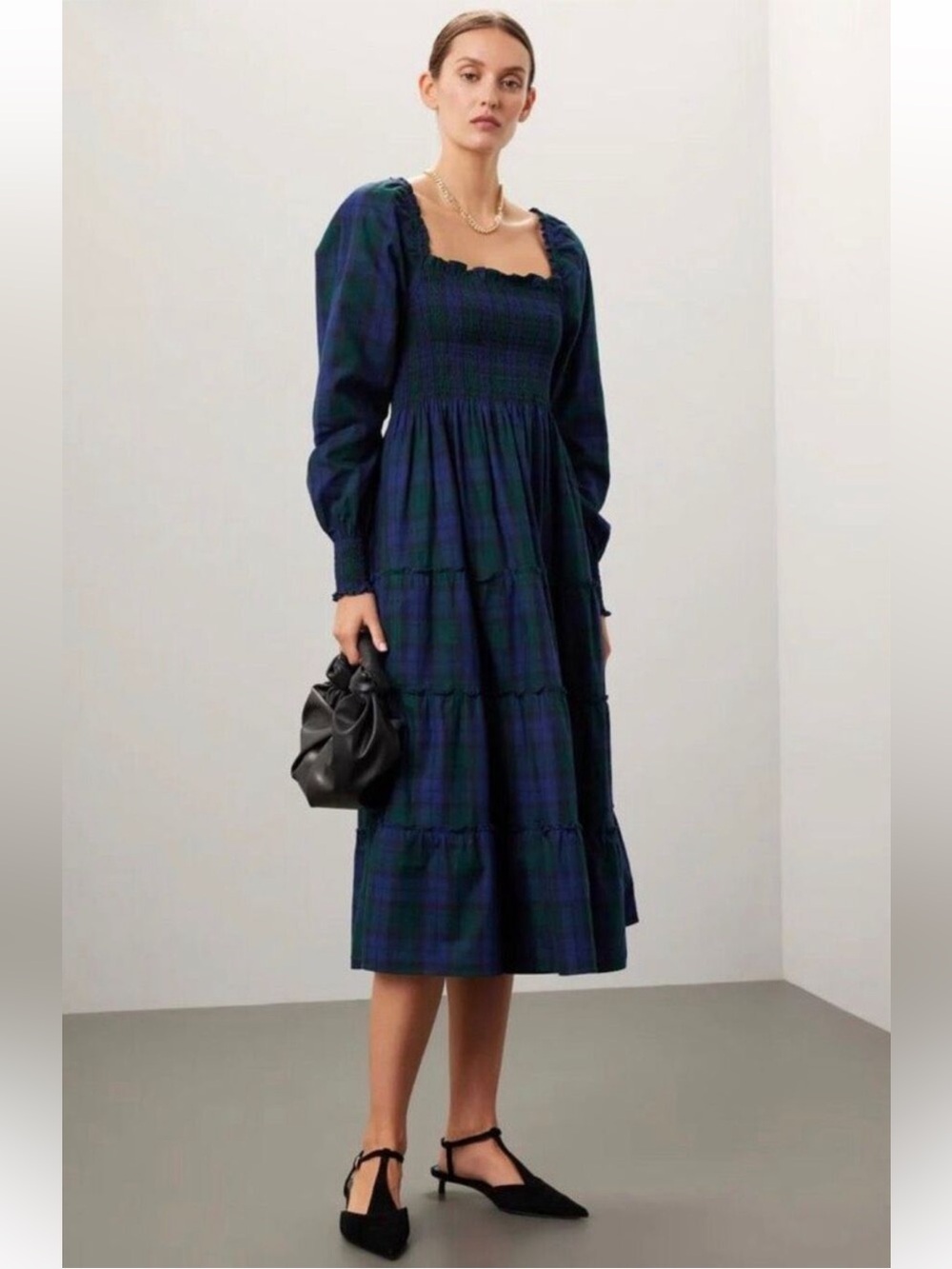 Hill House Home Tartan Naomi Nap Midi Dress in Blue Green Plaid Size XS